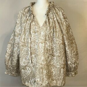 a.n.a‎ Tan and Cream Bishop Sleeve Blouse with Ruffled Bib Collar